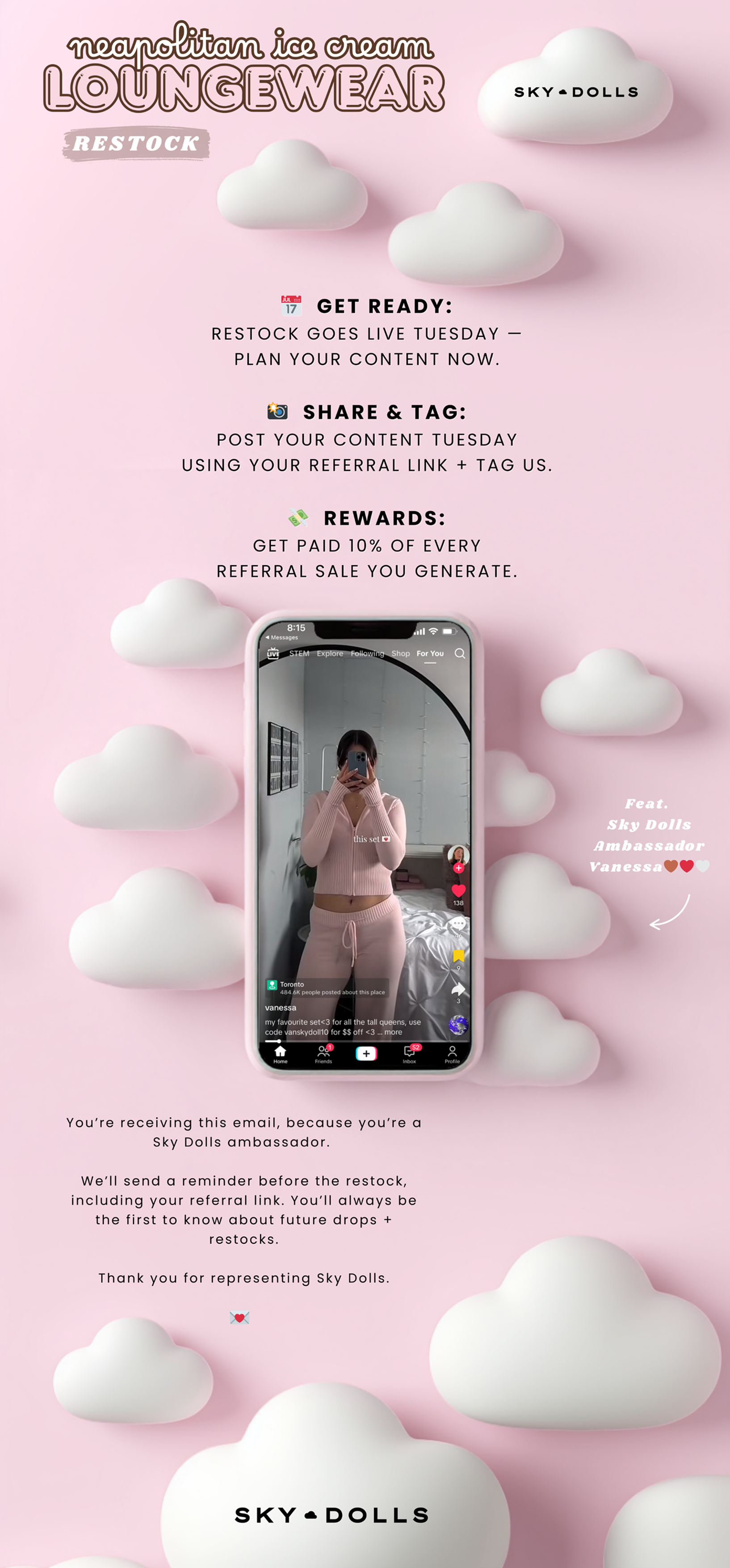 Sky Dolls affiliate program email - Loungewear restock